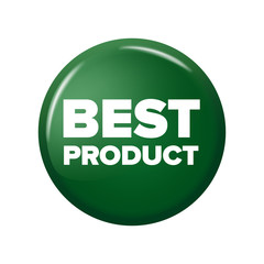 Bright green round button with word 'Best Product'. Circle label for bestseller in online shops. Design elements on white background.
