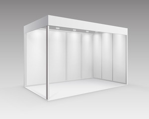 Vector White Blank Indoor Trade exhibition Booth Standard Stand for Presentation with Spotlight in Perspective Isolated on Background