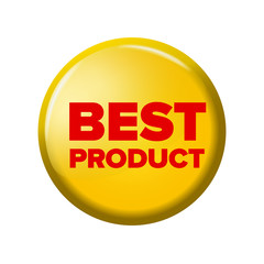 Bright yellow round button with word 'Best Product'. Circle label for bestseller in online shops. Design elements on white background.
