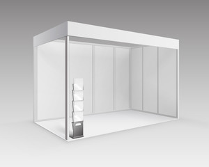 Vector White Blank Indoor Trade exhibition Booth Standard Stand for Presentation with Booklet Brochure Holder in Perspective Isolated on Background