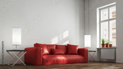 "Rotes Sofa im Wohnzimmer vor Wand" Stockfotos und lizenzfreie Bilder