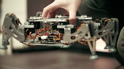 Man holding DIY hexapod robot