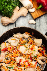 Chunks of pork with a mixture of Chinese vegetables