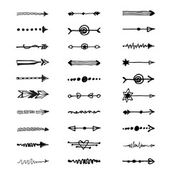 Collection of 30 hand drawn ink arrows and borders. Dividers. Vector design elements.