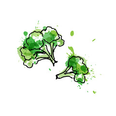 Broccoli, drawing by watercolor and ink with paint splashes on white background.