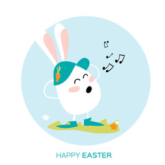 Bunny singing. White easter rabbit. Happy Easter