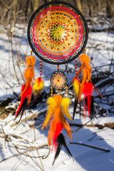 Dreamcatcher made of feathers, leather, beads, and ropes