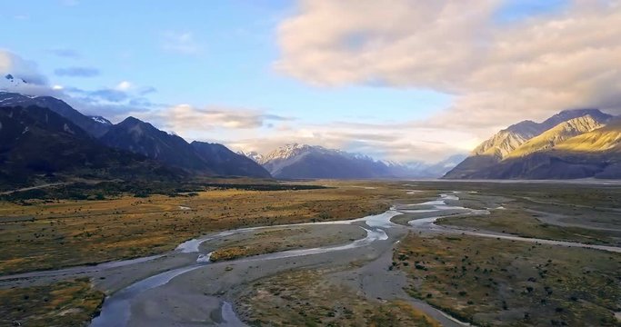 Aerial view of  Tasman River at Aoraki Mount Cook National Park