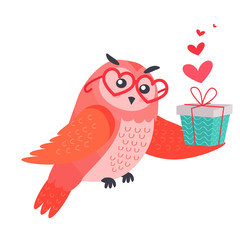 Owl Bird in Heart Shape Glasses Holds Present Box