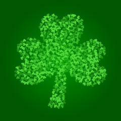 Square Saint Patricks Day background with green clover confetti. Frame of shamrock leaves. Trefoil silhouette. Template for greeting card design, banner, flyer, party invitation.