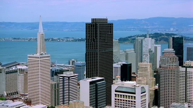 Orbiting San Francisco skyscrapers. Shot in 2001.