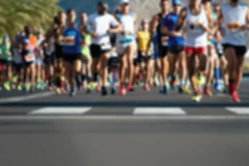 Photo sur Aluminium Jogging Marathon running race people feet on city road,abstract blurry
