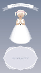 Cute girl wearing white dress. My first communion celebration reminder. Vector Illustration.