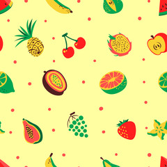Tropical exotic fruits seamless pattern. Cute fresh organic fruits background.