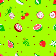 Tropical exotic fruits seamless pattern. Vector exotic fruits in flat cartoon style