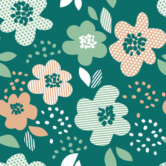 Simple pale color floral decorative seamless pattern in geometry style. Spring flower repeatable element for cloth, fabric, background, wrapping paper