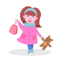 Cute Girl with Bear Toy and Bag Flat Vector Icon