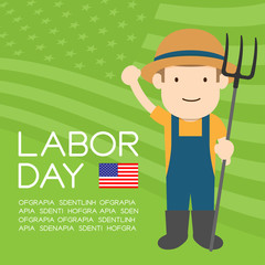 Labor day of United States of America, farmer man character illustration design  isolated on usa flag pattern green color background, with copy space