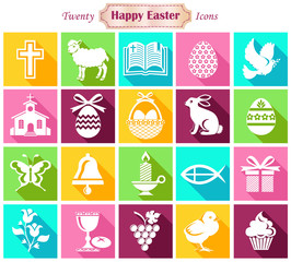 20 Easter square icons (modern flat design with long shadows)