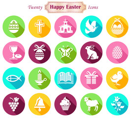 20 Easter round icons (modern flat design with long shadows)