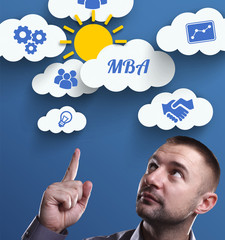 Business, Technology, Internet and marketing. Young businessman thinking about: MBA