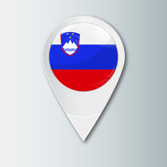 Pointer with the national flag of Slovenia in the ball with reflection. Tag to indicate the location. Realistic vector illustration.