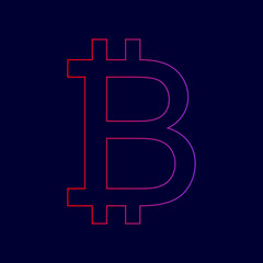 Bitcoin sign. Vector. Line icon with gradient from red to violet colors on dark blue background.