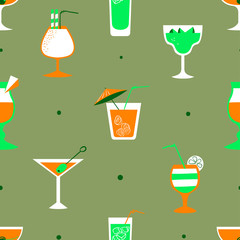 Seamless pattern with alcohol cocktails. Flat cartoon style tile background with drinks