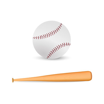 Realistic baseball bat and baseball  on white background. Vector
