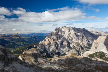 Fototapeta na wymiar Dolomite Mountains over blue sky. Dolomites, Italy, Europe.