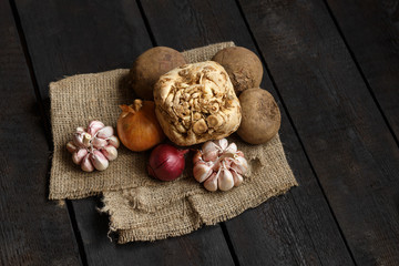 Ingredients for soup or salad: onion, garlic, dill, potato, beetroot