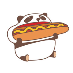 Hungry kawaii panda eating huge hot dog. Vector illustration.