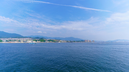 Scenery of inland sea between Miyajimaguchi and Miyajima island , destination tItsukushima shrine ,...