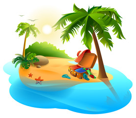 Obraz premium Summer vacation on tropical island. Open suitcase on sand among palms