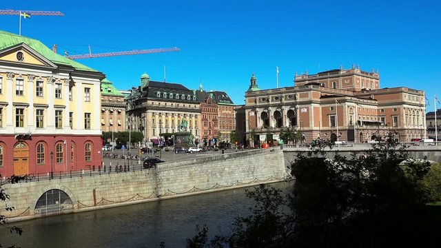 Equestrian statue of King Gustav II Adolf against the Royal Swedish Opera. Stockholm. Sweden.