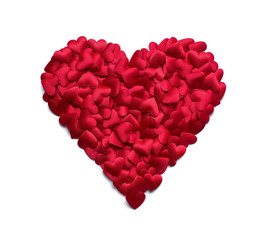 Obraz na płótnie Canvas Red heart shape made of many small confetti hearts isolated on white background