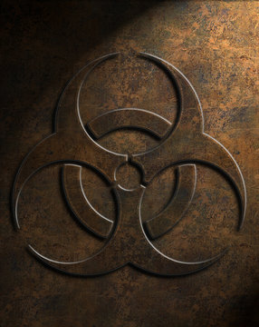 Biohazard symbol in a grungy, weathered dark orange texture with lighting from top right