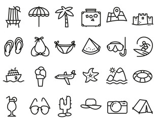 Summer beach icons set in line thin and simply style. Pictogram with recreation, travel and vacation objects.