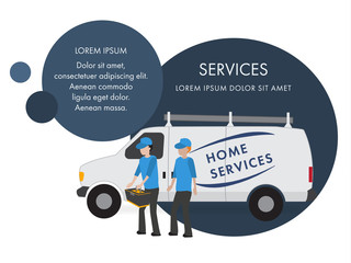 Banner with circles for advertising home service. Field Home service truck with repairers