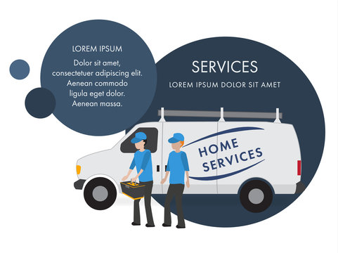 Banner With Circles For Advertising Home Service. Field Home Service Truck With Repairers