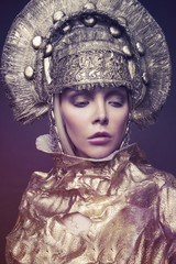 Woman in decorative kokoshnik head wear 