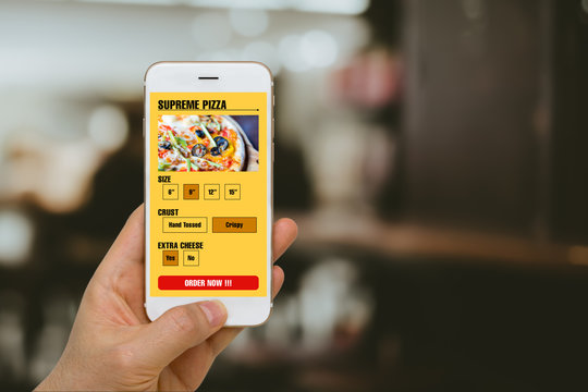 Fast Food, Pizza, Ordering Concept Illustrated by Smartphone App in Online Mobility Era