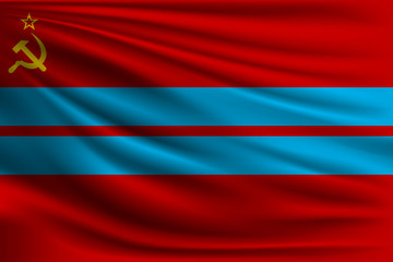 National flag of the Turkmen Republic in the USSR. The symbol of the state on wavy silk fabric. Realistic vector illustration.