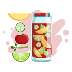 Apple, Cucumber, Tomato And Lime Smoothie, Non-Alcoholic Fresh Cocktail In A Glass And The Ingredients For It Vector Illustration