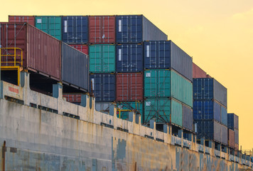 Fototapeta premium container ship in import export and business logistic.By crane ,Trade Port , Shipping.cargo to harbor.Aerial view.Top view.