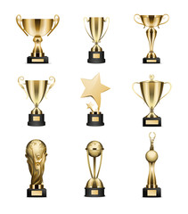 Golden Trophy Cups Collection Isolated on White