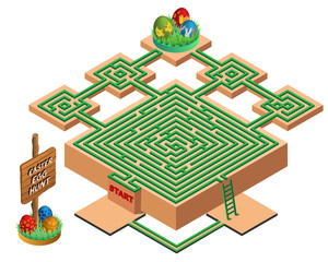Easter maze. Find a way to Easter eggs. 3D isometric view. Vector illustration.