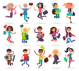 Jumping Happy People with Bags and Books in Hands
