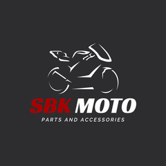 Motorcycle logo on dark background. Modern superbike silhouette.