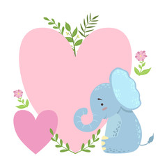 Elephant With Two Big Hearts And Plants Vector Sticker, Template St. Valentines Day Message Element Missing Text With Cute Animal Character